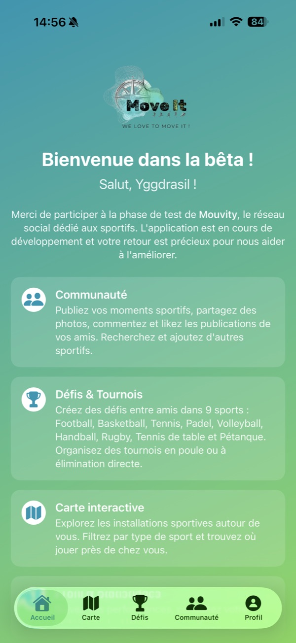 Écran d'accueil de Mouvity