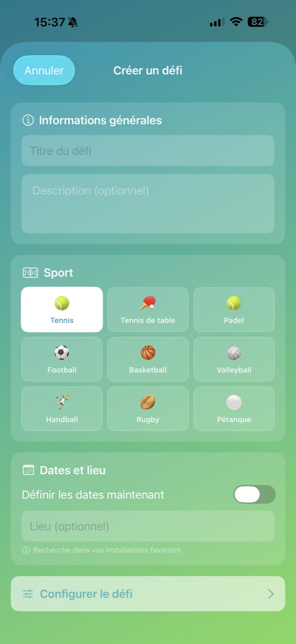 Création d'un défi avec choix du sport