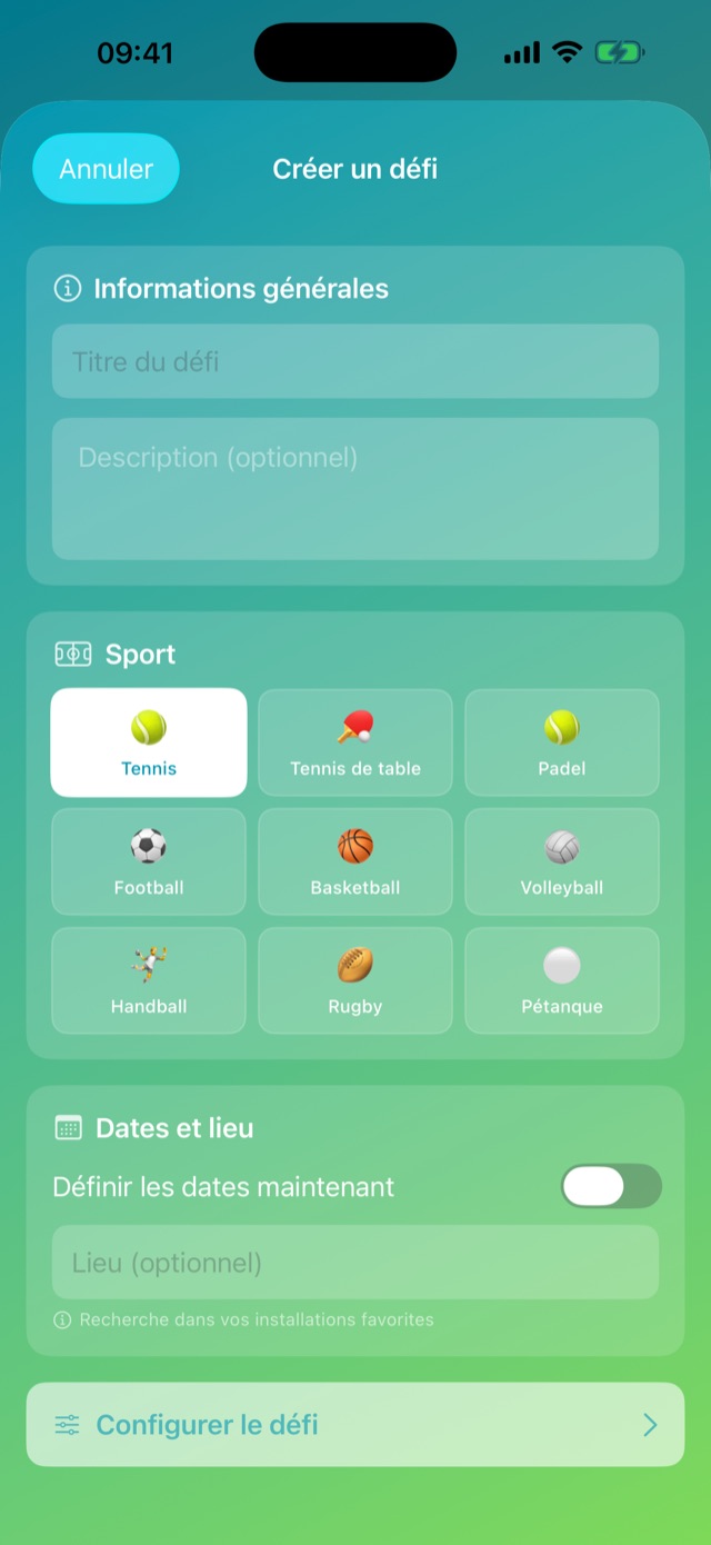 Création d'un défi avec choix du sport